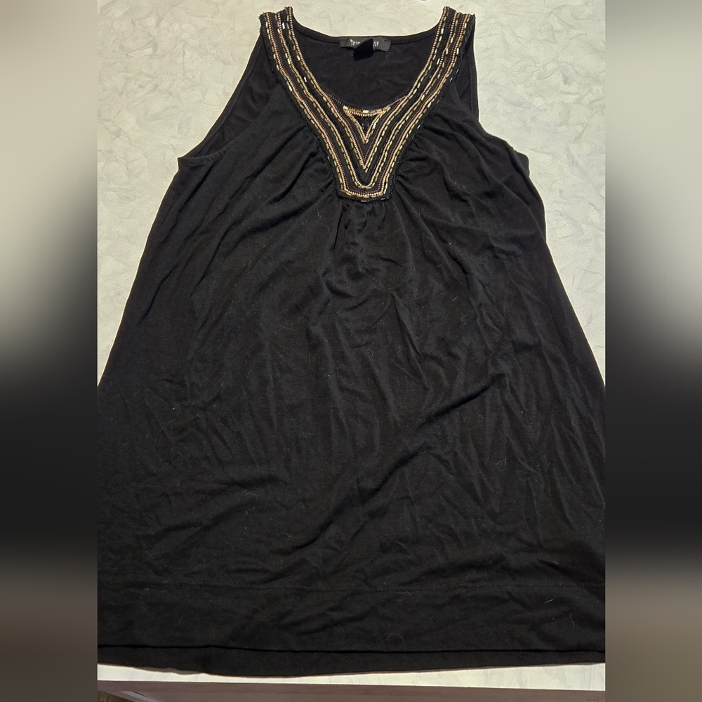 White House Black Market Black Tank with Gold Embellished Neckline Beading Ladie